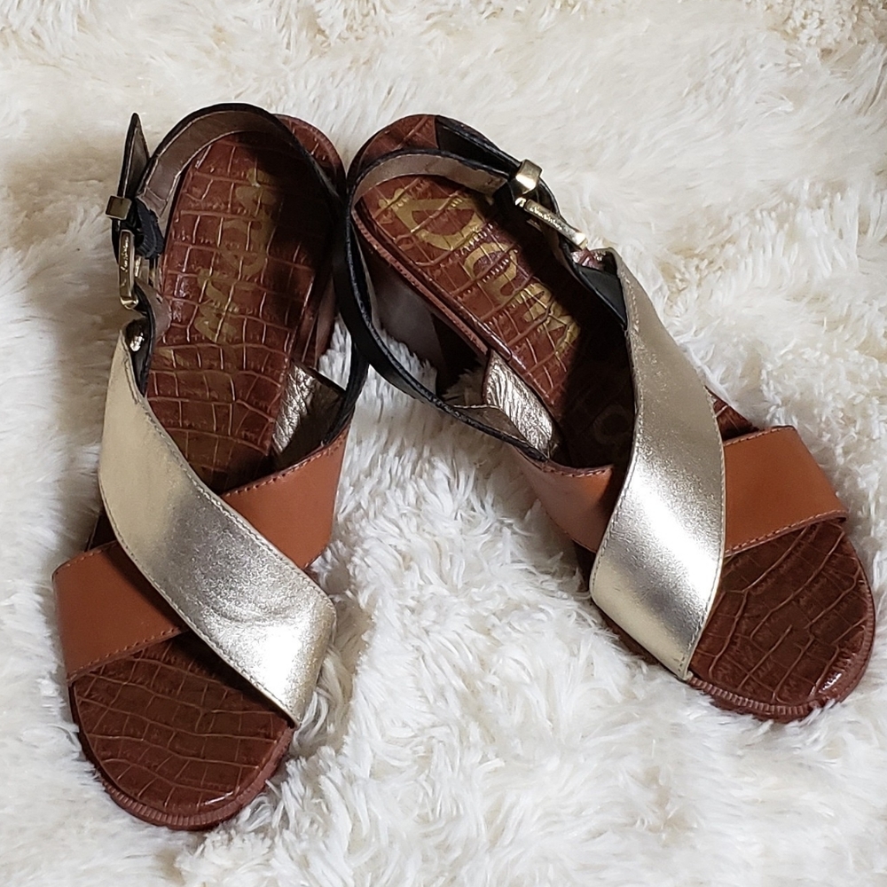 Sam Edelman block heeled gold leather wrap  sandals